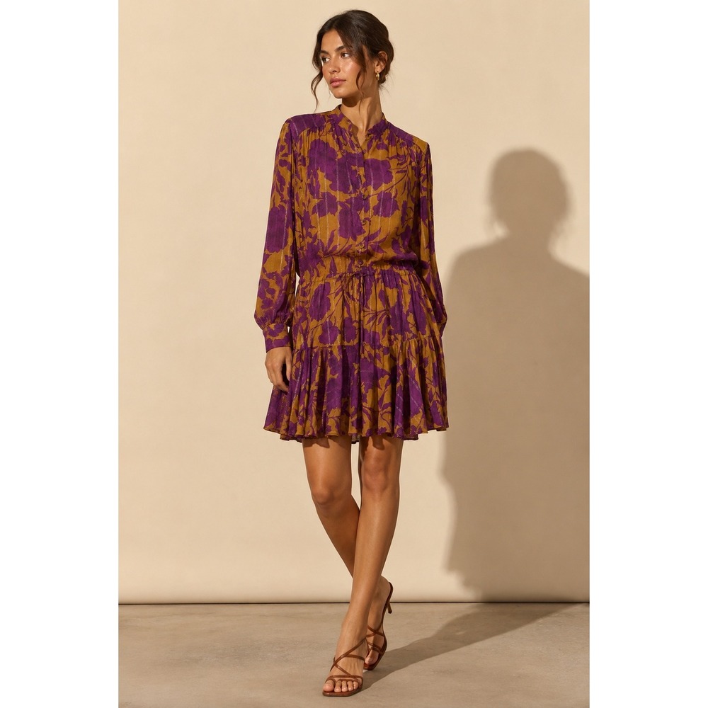 DELFI Collective Mustard Purple Floral Metallic Pinstripe Mini Dress Womens M